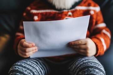 Child holding blank letter in festive sweater