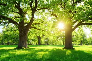 Fototapeta premium Lush green forest with majestic oak trees in sunlight