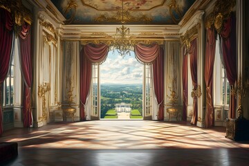 Fototapeta premium Majestic royal palace interior showcasing sumptuous fabrics elaborate ornaments intricate moldings and beautifully frescoed ceilings with chiaroscuro lighting creating a captivating Rococo aesthetic