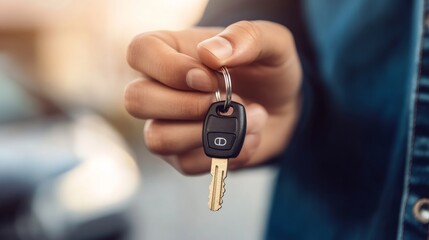 A hand holding a car key on a keychain, symbolizing ownership or access to a vehicle.