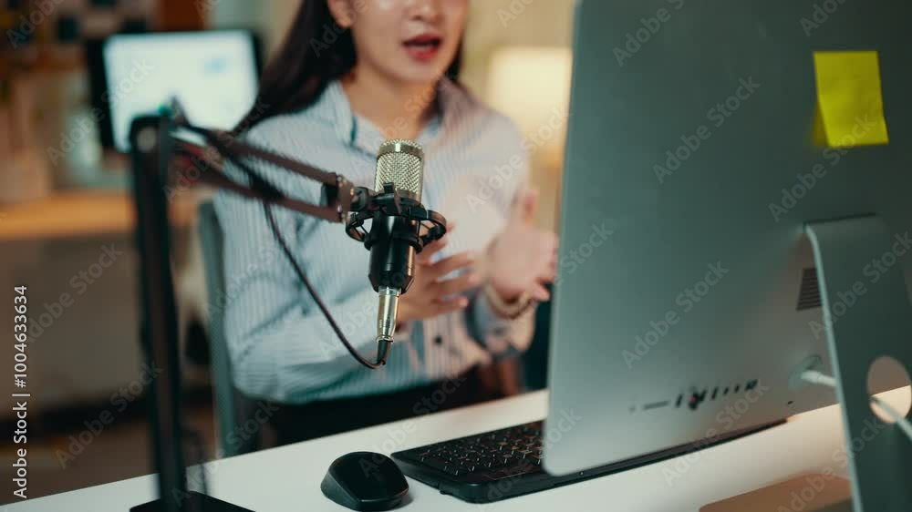 Poster businesswoman is speaking during a video call on a desktop computer in an office. she is using a pro
