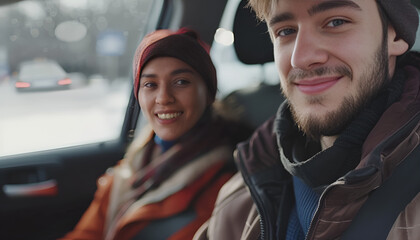 Driving school. Happy student during lesson with driving instructor in car at parking lot