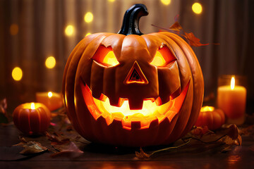 Fototapeta premium Festive glowing pumpkin with a carved mouth and eyes.