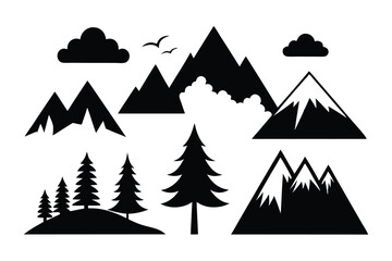 Set of silhouettes Mountains, hills and trees. Mountain ranges, hills and forests, outdoors, nature, travel, climbing