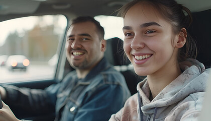 Driving school. Happy student during lesson with driving instructor in car at parking lot