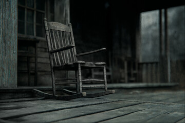 Rocking Chair on Porch of Abandoned House: Rustic and Weathered