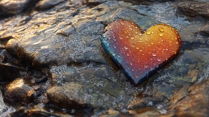 Rainbow colored heart on a rocky surface with water droplets, symbolizing love and resilience in nature with vibrant hues and a close up perspective