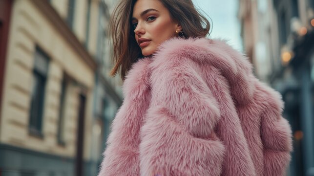 Fashionable woman wearing pink fur coat posing on city street
