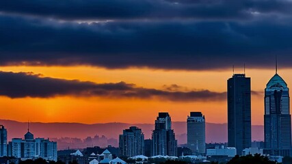 A vibrant city skyline at sunset, featuring modern buildings silhouetted against a dramatic sky with clouds