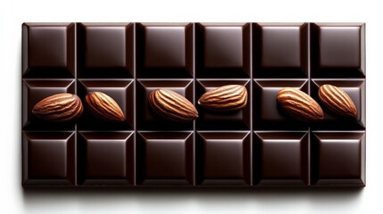 Obraz premium Dark Chocolate Almond Bar: Rich dark chocolate bar with a row of almonds, a gourmet treat for any chocolate lover. This image is perfect for food blogs, social media posts, and advertising campaigns.