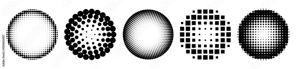 Poster a series of abstract black and white dot patterns in varying formations and densities