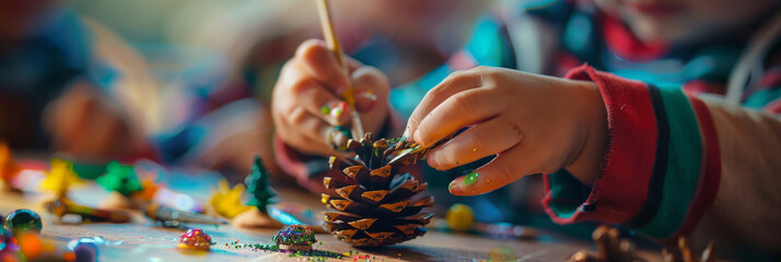 Detailed shot of a child's hands adding glitter to a painted pine cone, with a lively background of kids working on different holiday craft projects, banner