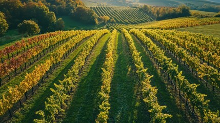 Rows of vibrant green and yellow vineyard stretch into the distance under a clear sky during autumn.