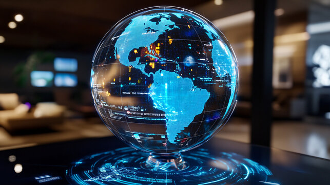  A holographic globe showing real-time global news updates. 