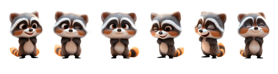 Fototapeta premium Charming Cartoon Plush Raccoon in Various Emotions, Full-Body Illustration on Transparent Background