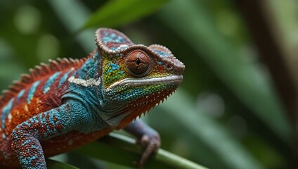 Colorful chameleon perched on tropical leaves.