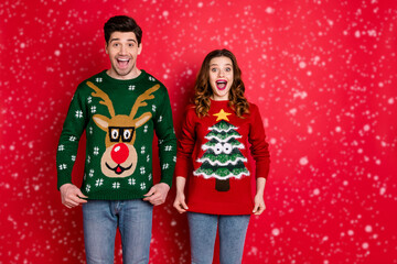 Portrait of astonished two people wife with brunette hair scream wow enjoy deer christmas pattern fashion jumper wear denim jeans stylish trendy pullover isolated over red color background