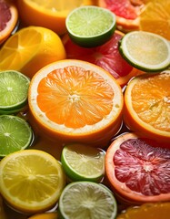 Sliced Citrus Fruit Macro. Macro shot of various sliced citrus fruits, including oranges, lemons, and limes