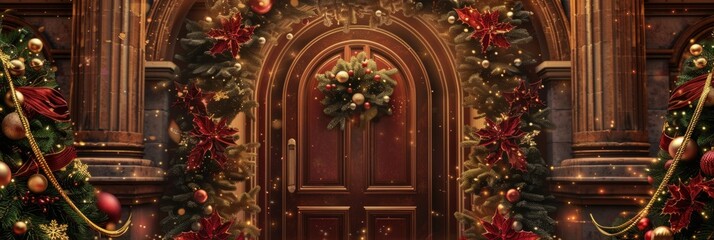 Obraz premium A charming circular garland with red berries, pine cones, and golden ribbons, illuminated by twinkling fairy lights, brings holiday cheer to a rustic wooden door, banner