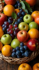 Colorful fruit basket with apples, oranges, and grapes.