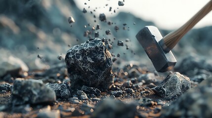 A close-up shot captures a hammer striking a rock, sending fragments flying into the air, illustrating raw power and the process of breaking stone.