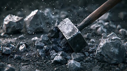 A close-up of a hammer striking a rock, sending shards and droplets flying, showcasing the power of manual labor and the raw beauty of geology.
