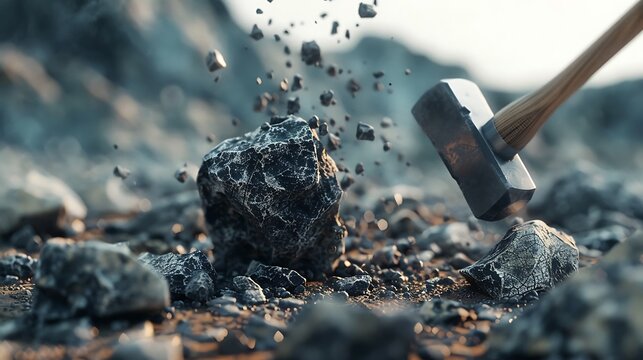 A close-up shot captures a hammer striking a rock, sending fragments flying into the air, illustrating raw power and the process of breaking stone.