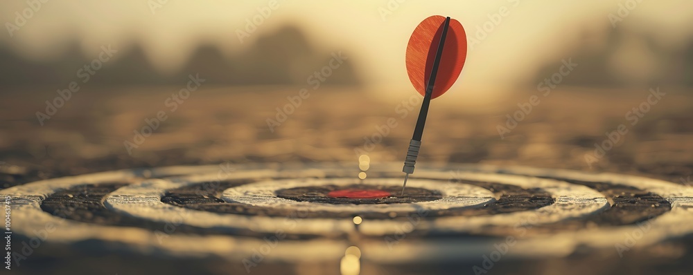 Poster a dart is perfectly lodged in the center of a dartboard, symbolizing precision and focus against a s