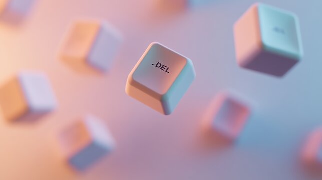 Flying delete keycaps in pastel shades with soft lighting for modern technology and minimalist design concepts