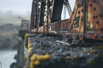 An abandoned, rusty bridge stretches over a foggy coastal landscape, showcasing weathered metal and stones covered in moss, evoking a sense of decay and nature's reclaiming.