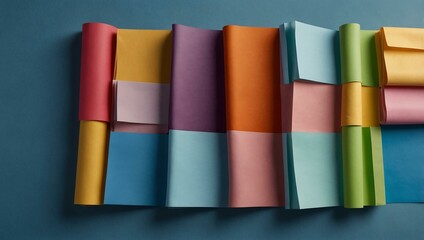 Colorful paper sheets neatly displayed on a blue background.