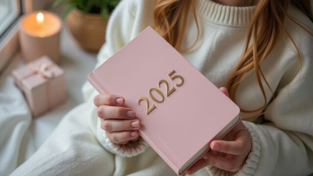 A person holds a pink 2025 planner while relaxing indoors beside a candle and a potted plant during a cozy afternoon