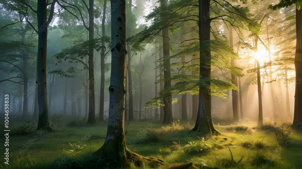 Aufkleber a serene forest scene with sunlight filtering through trees and fog, capturing the tranquil atmosphe