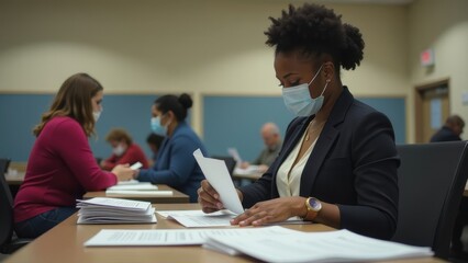 Obraz premium Individuals engaged in document processing and reviewing in a meeting room during a daytime event focused on organization