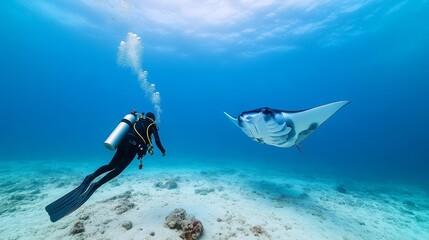 Scuba diver encountering a giant manta ray, underwater wonder, ocean depths