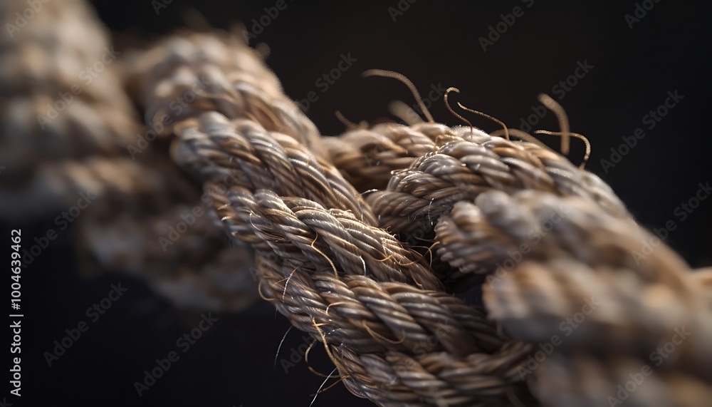 Poster a close-up view of twisted ropes, showcasing their texture and fibers against a dark background, emp