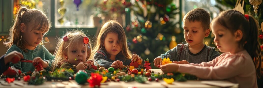 A joyful group of children making DIY Christmas ornaments, surrounded by craft materials in a cheerful atmosphere, banner