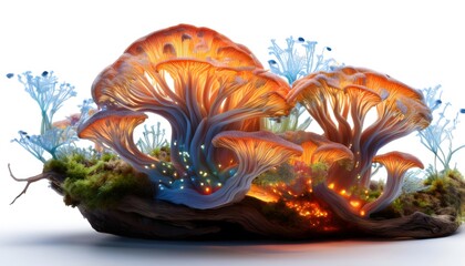 Fototapeta premium Fictional Fungus Microscopic View. fictional fungus with sprawling tendrils and glowing spores