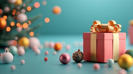 Christmas poster background with colorful wrapped gifts, festive ornaments, bows, ribbons, and glowing lights under tree on light blue backdrop for holiday celebration decoration