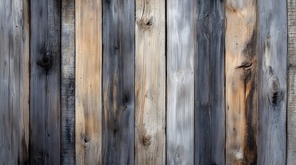 Fototapeta premium Closeup of a weathered distressed wooden wall made of vertical planks with natural grain and textured surface creating a rustic modern Scandinavian style interior design backdrop