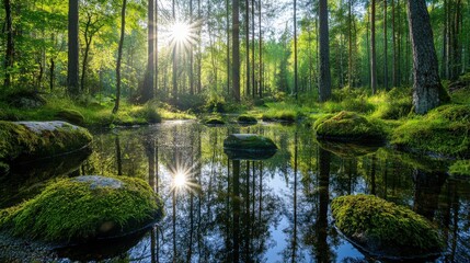 Obraz premium A serene forest scene with sunlight filtering through trees and reflecting on a tranquil pond.