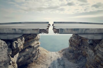 A surreal landscape shows two cracked concrete slabs separated by a chasm, merging nature and man-made elements against a cloudy sky.