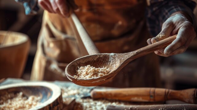 craftsman skillfully carves a wooden spoon by hand, National Craft Month