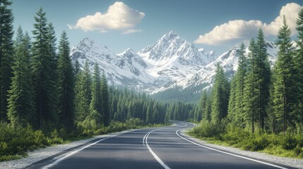 A winding road leading through lush green forest towards snow-capped mountains under a clear blue sky.