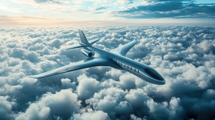Fototapeta premium A futuristic hydrogen powered airplane flying above the clouds representing the next generation of sustainable air travel