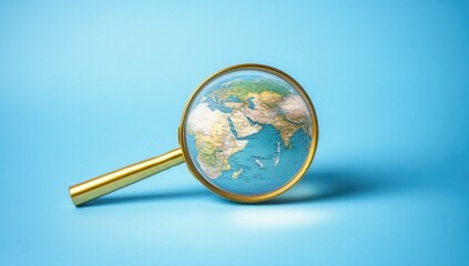 A magnifying glass over the Earth, symbolizing global historical search and exploration on a blue background Generative AI