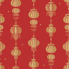 Chinese new year seamless pattern. Gold Lanterns on red background. 