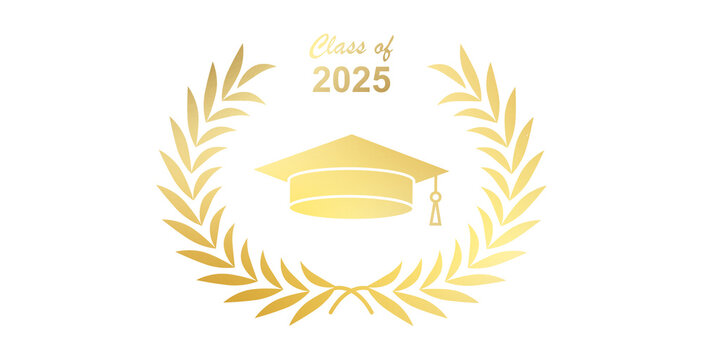 Class of 2025 Congratulations Graduates with Graduation Cap Graphic Design. Gold 2025. Black Text. Transparent Background SVG