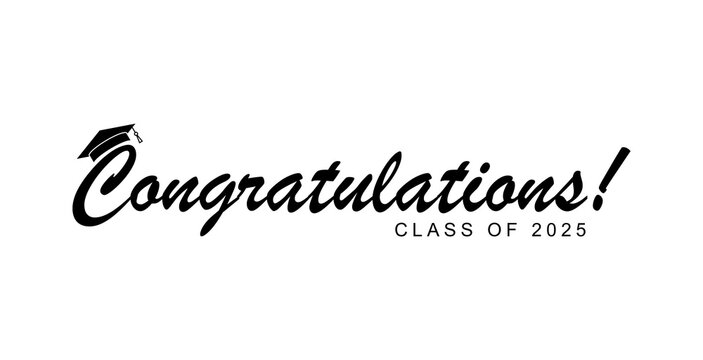 White background - Graduating Class of 2025 in black and silver text in circle. 2025 is in black and silver text. Graduation cap on top of the year. Wavy black and silver lines accent. 