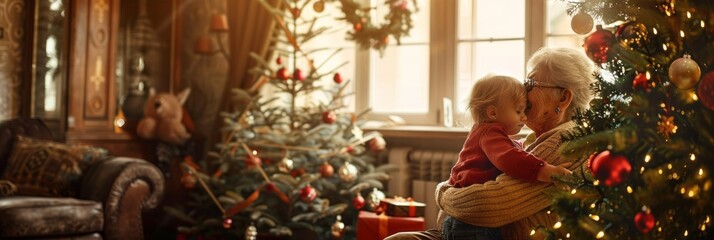 The living room, filled with warmth, shows a grandmother and granddaughter sharing a tender hug next to an elegantly decorated Christmas tree, banner